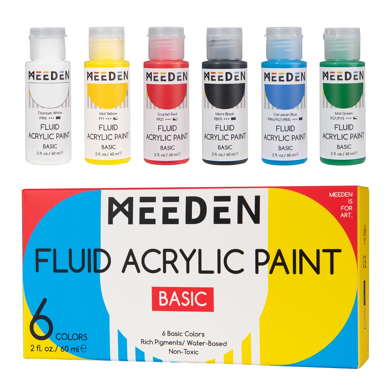MEEDEN Fluid Acrylic Paint Set, 6 Vibrant Colors/Bottles (2 oz, 60 ml), Rich Pigments, Non-Toxic High Flow Acrylic Paints for Artists, Adults, Kids, Beginners, Art Supplies for Canvas Painting